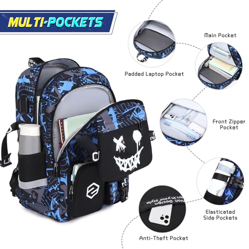 Scothen Boys Backpack, Cool Luminous School Backpacks for Boys with Lunch Bag Pencil Case, Kids Backpack Kindergarten Elementary Middle School Book Bags for Teen Boy Children with USB Charging Port - color: Blue Face