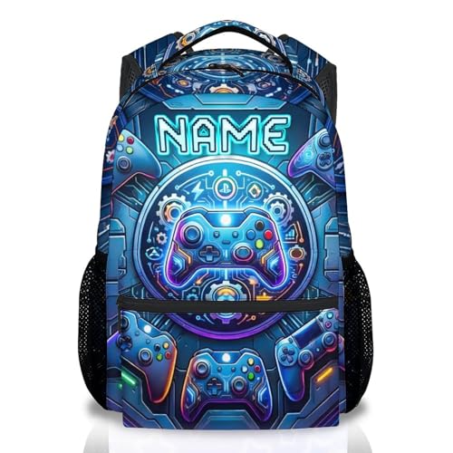 Personalized Backpack for Boys Gaming School Bag for Kids Teens Gamer - 17 Inch Large Capacity Custom Name Bookbag with Video Game for Elementary Middle School - color: Blue