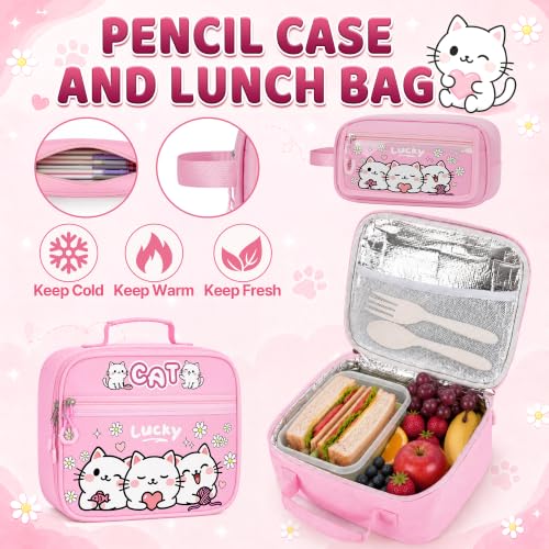 Cat Backpack for Girls, 4 PCS Girls Backpack with Lunch Box Set, Cute Kawaii Large Laptop Bookbag, School Bag for Elementary Kids & Teens - color: Cat