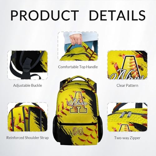 Mercuryelf Personalized Softball Backpack Set for Girls - Custom Kids Monogram School Bookbag for Players/Travel with Lunch Box - color: Yellow