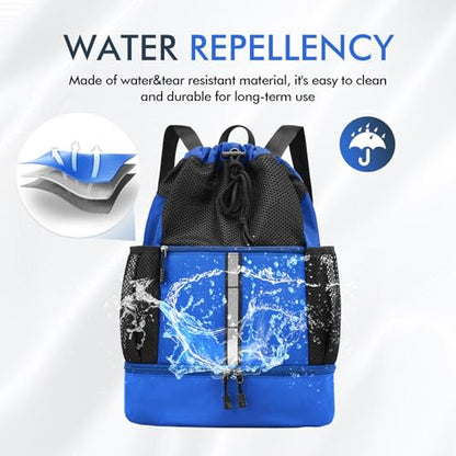 PinCute Drawstring Gym Bag for Men/Women - Mesh Beach Swim Bags Sports Backpack with Wet Pocket&Shoe Compartment, Lightweight - color: Blue