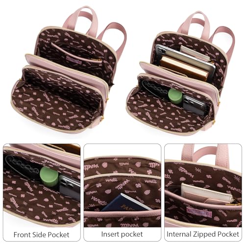 Venetti Cityscape Illustration Mini Backpack for Women and Girls, Cute Small Backpack Purse with Multi-Pocket and Zipper, Light Print Shoulder Bag Leather for Travel Daily Use VN-HB-001-PK - color: Pink
