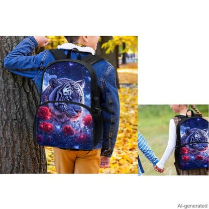 Aesthetic Tiger Backpack for Kids Girls Backpack with Lunch Box Water Bottle Carrier and Zipper Pencil Case 4Pcs Set 17" Bookbag with Large Front Pocket Lightweight Elementary School Bag - color: Aesthetic Tiger-1
