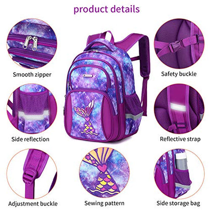 Cusangel Backpack for Girls Boys School Bookbags Kindergarten Elementary Lightweight Waterproof Multifunctional Large Capacity for Backpack (16 inch Fun Prints) - color: Purple Mermaid 16in