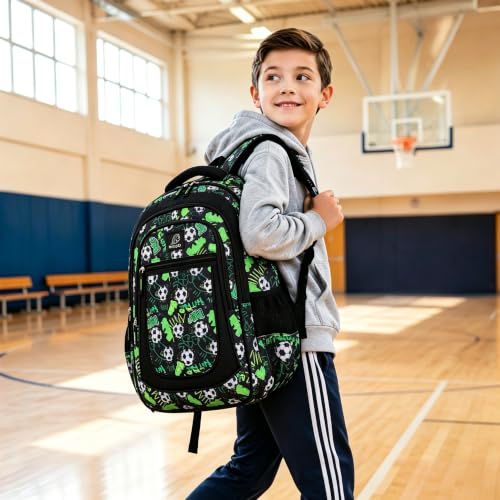 MYGOO Boys School Backpack Vineyard Soccer Green Bookbag for Elementary Middle School Ages 5-12, 17 inch Large Capacity 24L Kids Student Travel Bags - color: Vineyard Soccer Green