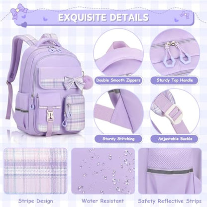 MOONBABY Girls Backpack, Kids Backpack for Girls School Bags with Pen Case, Bow Plaid Book Bag for Elementary Middle Primary High School College, Purple-2pcs - color: Purple