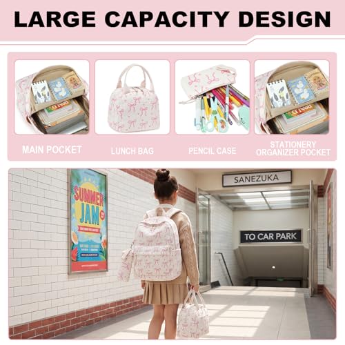 LEDAOU Kids Backpack for Girls Backpacks with Lunch Box, Lightweight Bookbag Set Elementary Middle School Back pack for 8-14 - color: A-bow Tie Beige