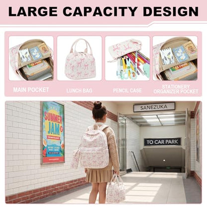 LEDAOU Kids Backpack for Girls Backpacks with Lunch Box, Lightweight Bookbag Set Elementary Middle School Back pack for 8-14 - color: A-bow Tie Beige