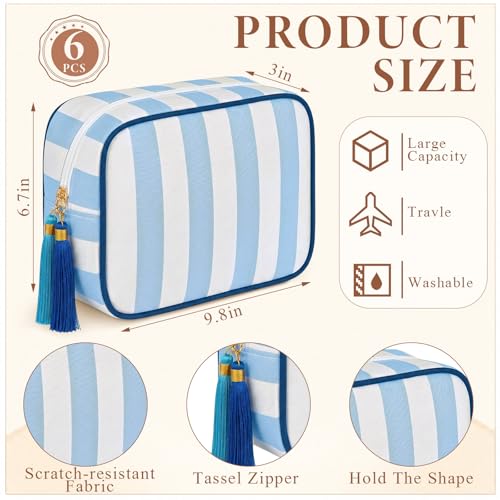 Kacctyen 6 Pack Baby Blue and White Striped Makeup Bag bulk with Tassel Travel Cosmetic Pouch Organizer Large Zipper Toiletry Case for Women Aesthetic Storage Pouch Mahjong Tile Bag - color: Baby Blue and White