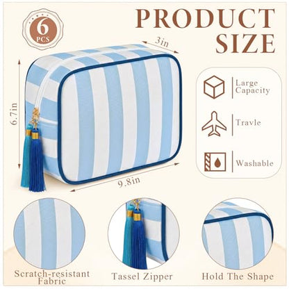 Kacctyen 6 Pack Baby Blue and White Striped Makeup Bag bulk with Tassel Travel Cosmetic Pouch Organizer Large Zipper Toiletry Case for Women Aesthetic Storage Pouch Mahjong Tile Bag - color: Baby Blue and White