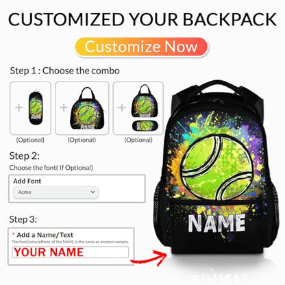 Boys School Backpack Personalized Kids Tennis Backpacks Bookbag Back to School Supplies, 17 Inches Custom Name Cool Sport Back Pack for Travel Camping Casual (Black) - color: Color 5-1
