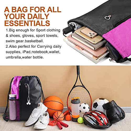 BeeGreen Sports Bag Drawstring Backpack With Water Bottle Pocket &Front Zippered Pocket Large String Bag Pack For Men Women - color: Black/Pink, style: Drawstring With Mesh Pocket