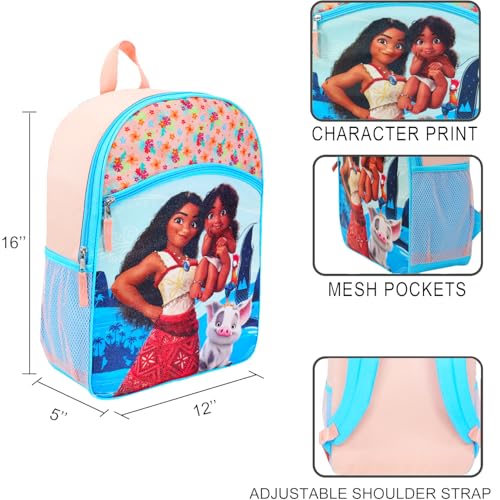 Moana Backpack Set for Girls – 16” Disney School Bag with Water Bottle, Stickers & Door Hanger – Moana School Supplies Bundle for Kids