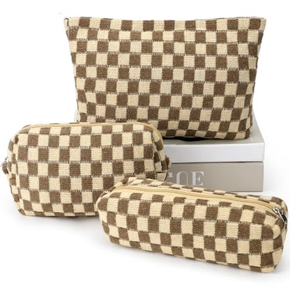 3 Pcs Makeup Bag Cosmetic Bag Set for Girls Women Checkered Travel Organizer Bathroom Toiletry Pouch Large Capacity Storage Bag (Brown) - color: Brown