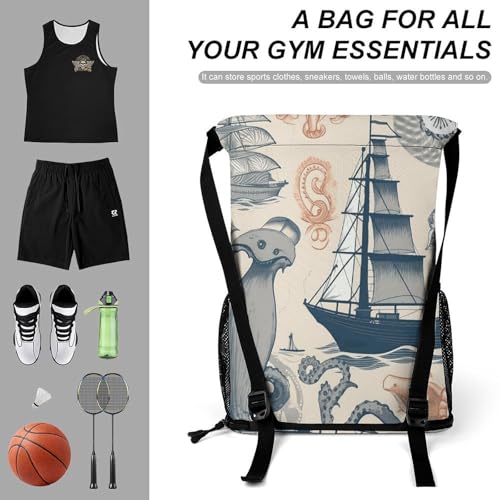 Lighthouse Sailboat Fish Shells Octopus Drawstring Backpack with Wet Pocket - Large Capacity Gym Bag with Shoe Compartment & Mesh Pockets, Adjustable Lightweight Gym Backpack for Swimming, Travel, Wor