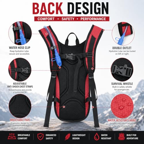Zavothy Hydration Backpack with 2L Hydration Bladder Water Backpack for Hiking Hydration Pack for Running Cycling Hiking - color: Red