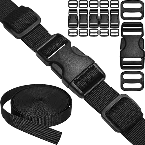 3/4" Straps and Buckles Set: 6 Yard Nylon Webbing 0.75 inch (20 mm) Wide, 6 Pack Side Release Buckle, 12 pcs Tri-Glide Sliders, Plastic Clips Quick Fasteners Replacement Dual Adjustable No Sewing - size: 3/4" x 6 yd Strap + 6 pack Buckles
