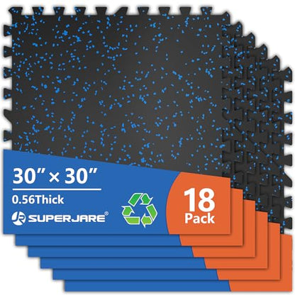 SUPERJARE 30" x 30" Larger Rubber Top Exercise Equipment Mats, 0.56" Thick 18PCS 112.5 Sq Ft High-Density EVA Foam Interlocking Gym Flooring, Big Workout Mat for Home Gym, Floor Protection, Black/Blue - size: 18 Tiles (112 Sq Ft)