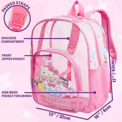 Get Trend Hello Kitty Sanrio Girls Clear Backpack, 17 inch Transparent School Bookbag, See Through Travel Bag with Straps, Kawaii Gifts for Girls (Pink Hello Kitty) - color: Pink Hello Kitty