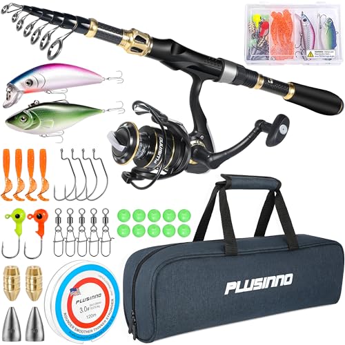 PLUSINNO Fishing Rod and Reel Combo, Telescopic Fishing Pole Kit with Spinning Reel, Tackle Box, Fishing Lures and Travel Carrying Bag, Fishing Gear Gifts for Men - color: Full Kit with Carrier Case, size: 1.98M 6.49FT