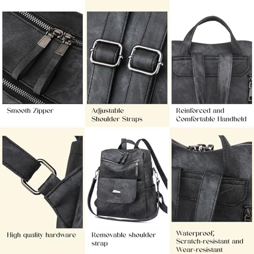 Backpack Purse for Women, Women Backpack Purse Small Leather Waterproof Anti-theft Shoulder Bags Handbags Ladies - color: Black Grey