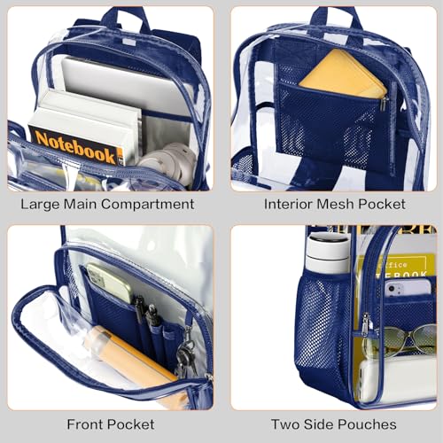 PAMANO Clear Backpack, Heavy Duty Transparent Reinforced Bottom See Through for College, Travel Work Security - color: Navy