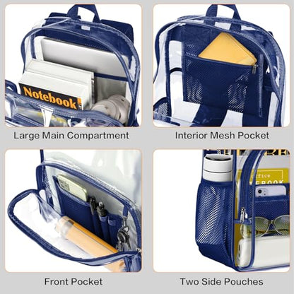 PAMANO Clear Backpack, Heavy Duty Transparent Reinforced Bottom See Through for College, Travel Work Security - color: Navy