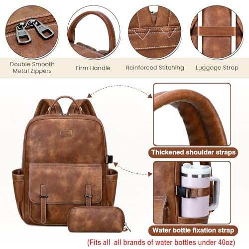 Vegan Leather Laptop Backpack for Women Designer 15.6 Inch PU Laptop Bag, Ladies Travel Computer Work Backpack - color: Brown
