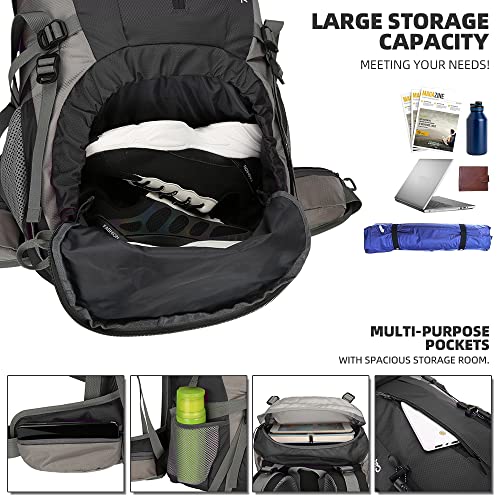 King'sGuard 70L Hiking Backpack with Rain Cover Lightweight Waterproof Travel Camping Backpack Large Backpacking Pack - color: Black