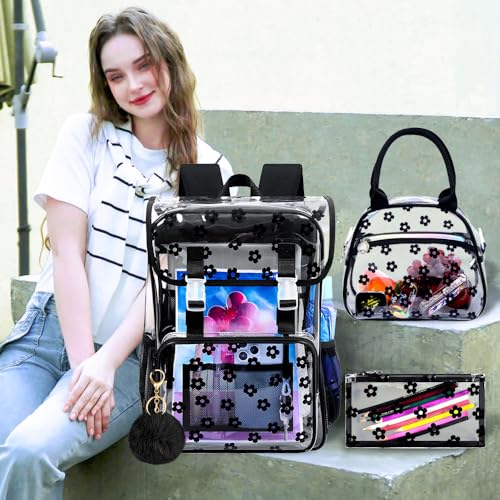 3Pcs Clear Backpack for Girls, School Kids Transparent Bookbag Set, 17" Stadium Approved See Through Backpack with Lunch Box (Black) - color: Plum Blossom Black