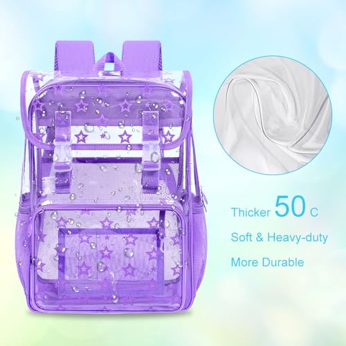 17" Clear Backpack for School, Girls Kids Transparent Bookbag Set, 3Pcs Stadium Approved See Through Backpack with Lunch Box (Purple) - color: Star Purple