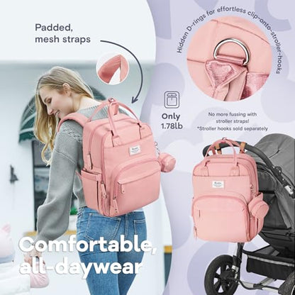 RUVALINO Diaper Bag Backpack, Multifunction Travel Back Pack for Girls, Maternity Baby Changing Bags with Changing Pad for Mom, Large Capacity, Waterproof and Stylish, Pink - color: Pink