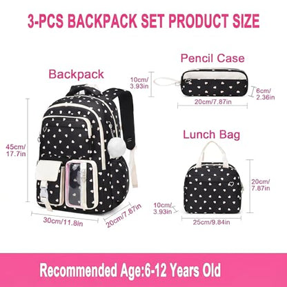 3PCS Kids Backpack Set, School Backpack with Lunch Bag & Pencil Case, Lightweight Waterproof Bookbag for Kids (Black Heart) - color: Black Heart