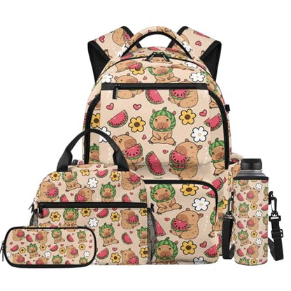 Watermelon Capybara Backpack for Girls School Backpacks with Lunch Box Water Bottle Carrier Bag and Pencil Case 4 Pieces Lightweight 1st Grade Backpack Girls Bookbag for Elementary School - color: Capybara Watermelon