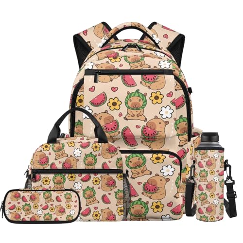 Watermelon Capybara Backpack for Girls School Backpacks with Lunch Box Water Bottle Carrier Bag and Pencil Case 4 Pieces Lightweight 1st Grade Backpack Girls Bookbag for Elementary School - color: Capybara Watermelon
