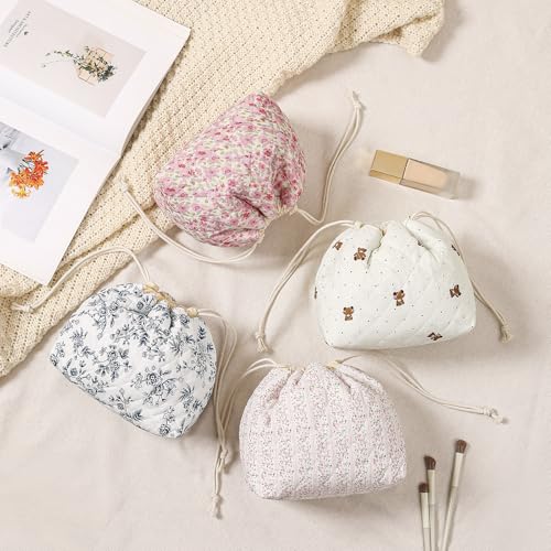 Cotton Quilted Drawstring Makeup Bag with Canvas Lining,Coquette Aesthetic Cute Travel Toiletry Bag,Drawstring Gift Bag for Women and Girls（17Small Pink） - color: 17Small Pink