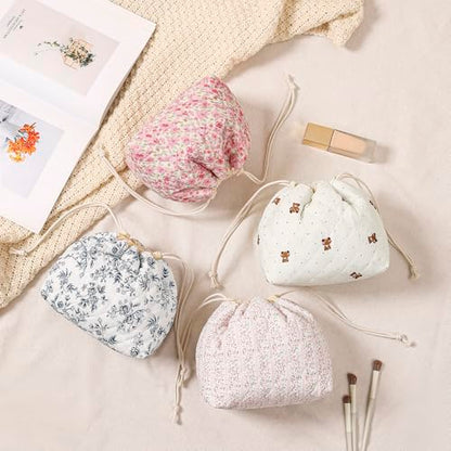 Cotton Quilted Drawstring Makeup Bag with Canvas Lining,Coquette Aesthetic Cute Travel Toiletry Bag,Drawstring Gift Bag for Women and Girls（17Small Pink） - color: 17Small Pink