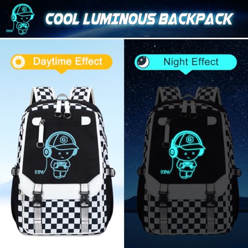 Bevalsa Backpack for Boys, Cool Luminous Boys Backpack with Sling Bag, Lunch Box & Pen Case, School Bags for Kids Children Teens Elementary Middle Schools, Bookbag Glow In The Dark (Checkerboard) - color: Checkerboard