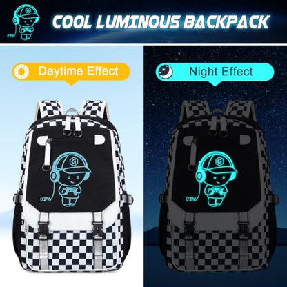 Bevalsa Backpack for Boys, Cool Luminous Boys Backpack with Sling Bag, Lunch Box & Pen Case, School Bags for Kids Children Teens Elementary Middle Schools, Bookbag Glow In The Dark (Checkerboard) - color: Checkerboard