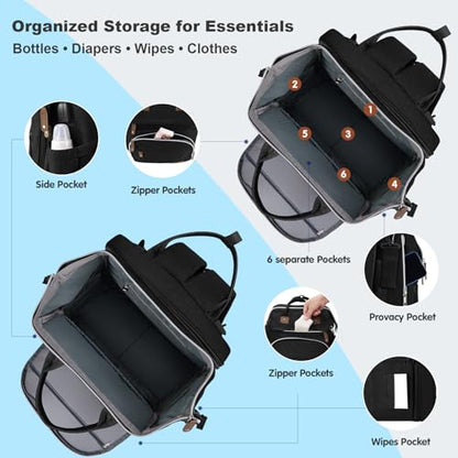 DERJUNSTAR Diaper Bag Backpack, Large Baby Bag with Changing Pad, Thick Padded Back & Straps, Laptop Compartment, Waterproof Travel Backpack with USB Port, Multi-Function for Mom & Dad, Black - color: Black