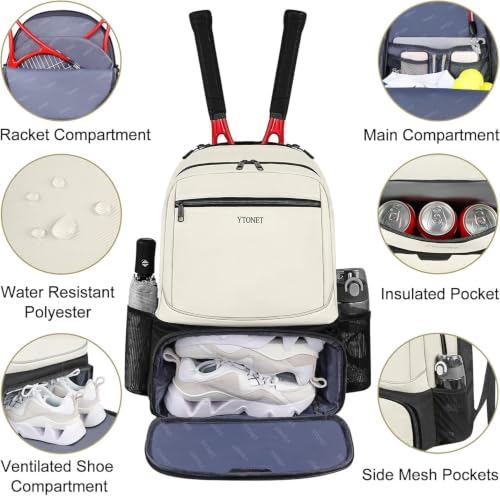 Ytonet Tennis Bag Tennis Backpack for Women Men 2 Rackets with Insulated Pocket Ventilated Shoe Compartment - color: Beige
