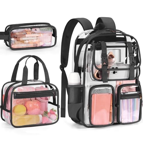 Fimibuke Clear Backpack for Girls - 3 PCS Heavy Duty Kids Boys Clear Bags Schoolbag Large Transparent PVC Bookbag with Lunch Box Pencil Case Set for Travel School Concert Stadium Events Backpacks - color: black