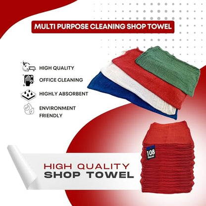 Cotton Shop Towels Cleaning Rags 108 Pack, 12x14 Inch 100% Cotton Bulk - Dye-Free Lint-Free Shop Rags Cleaning Cloths for Bar, Car, Garage, Automotive and Kitchen - Red - color: Red - 108 Pack
