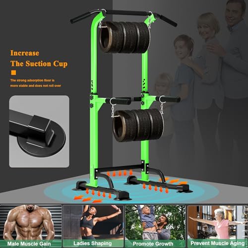 SogesPower Power Tower Dip Station Pull Up Bar for Home Gym Adjustable Height Strength Training Workout Equipment,Pull Up Bar Station - color: Green