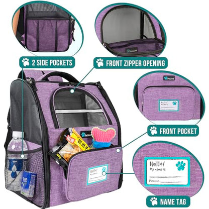 PetAmi Dog Backpack Carrier for Small Medium Dogs Large Cats up to 18 lbs, 2 Side Entry, Structured No-Collapse Frame, Airline Approved Ventilated Pet Backpack for Hiking Camping Travel, Purple - color: Heather Purple