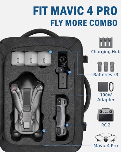PEKREWS Mavic 4 Pro Case, Expandable Carry On Bag for DJI Mavic 4 Pro, RC Pro 2, RC 2, Large Capacity Drone Backpack Fits 17.3 Inch Laptop, Travel Drone Carrying Case for DJI Fly More Creator Combo