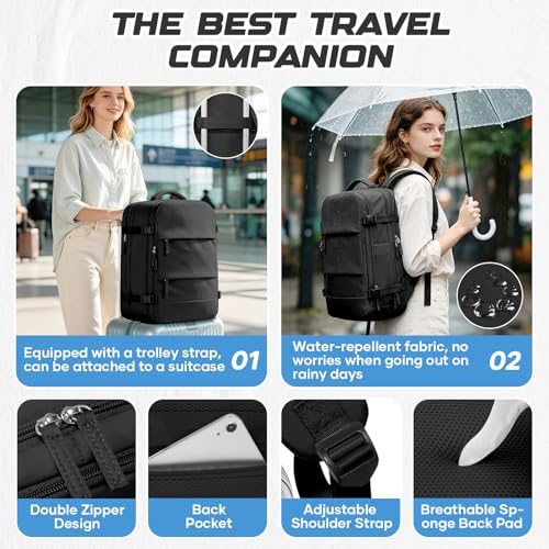 Travel Backpack with Compression Vacuum Storage Bag & Electric Pump, Expandable Flight Approved Carry On Backpack, 18x14x8 inches Personal Item Travel Bag for Men Women, Black - color: Black