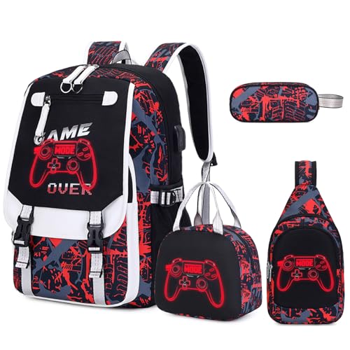 Bevalsa Backpack for Boys, Cool Luminous Boys Backpack with Sling Bag, Lunch Box & Pen Case, School Bags for Kids Children Teens Elementary Middle Schools, Bookbag Glow In The Dark (Red Game) - color: Red Game