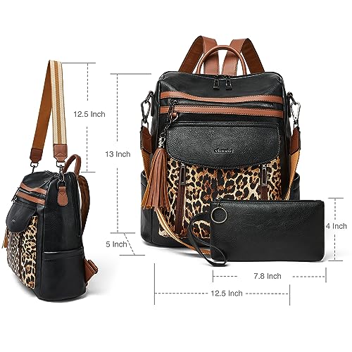 Shrrie Backpack Purse for Women Fashion Leather Backpack Purse Designer Travel Backpack Convertible Shoulder Bag with Wristlet - color: 2-3 Black With Leopard