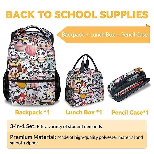 Panda Backpack with Lunch Box And Pencil Case, 16 Inch Panda Theme Bookbag with Adjustable Straps, Durable, Lightweight, Large Capacity, School Backpack for Girls Women - color: Panda4-2
